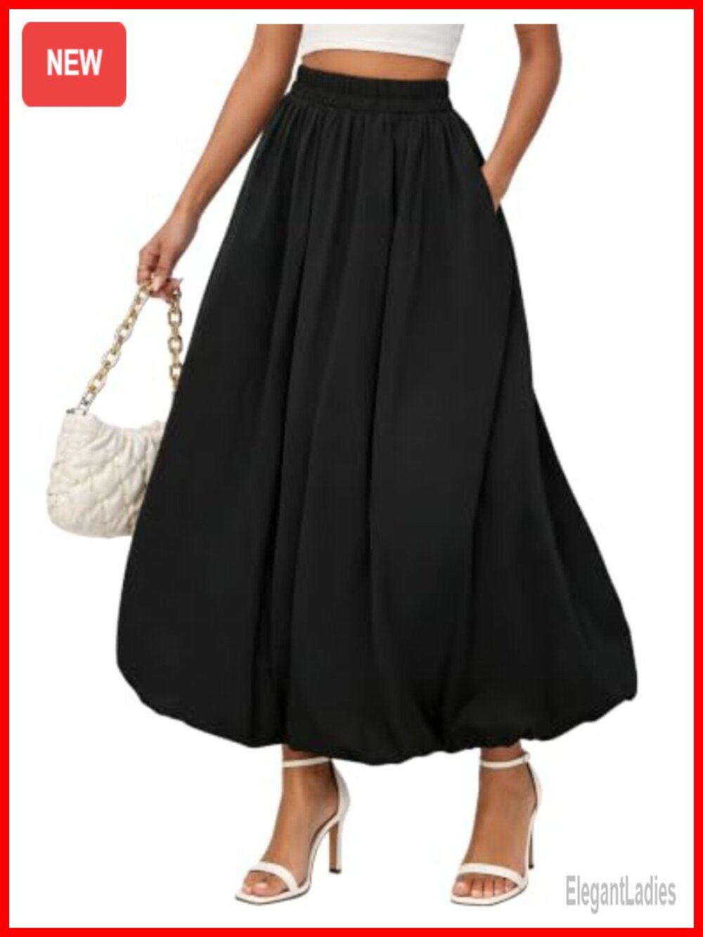 Women's Bubble Maxi Skirt High Waisted Pleated Flowy A-Line with Pockets